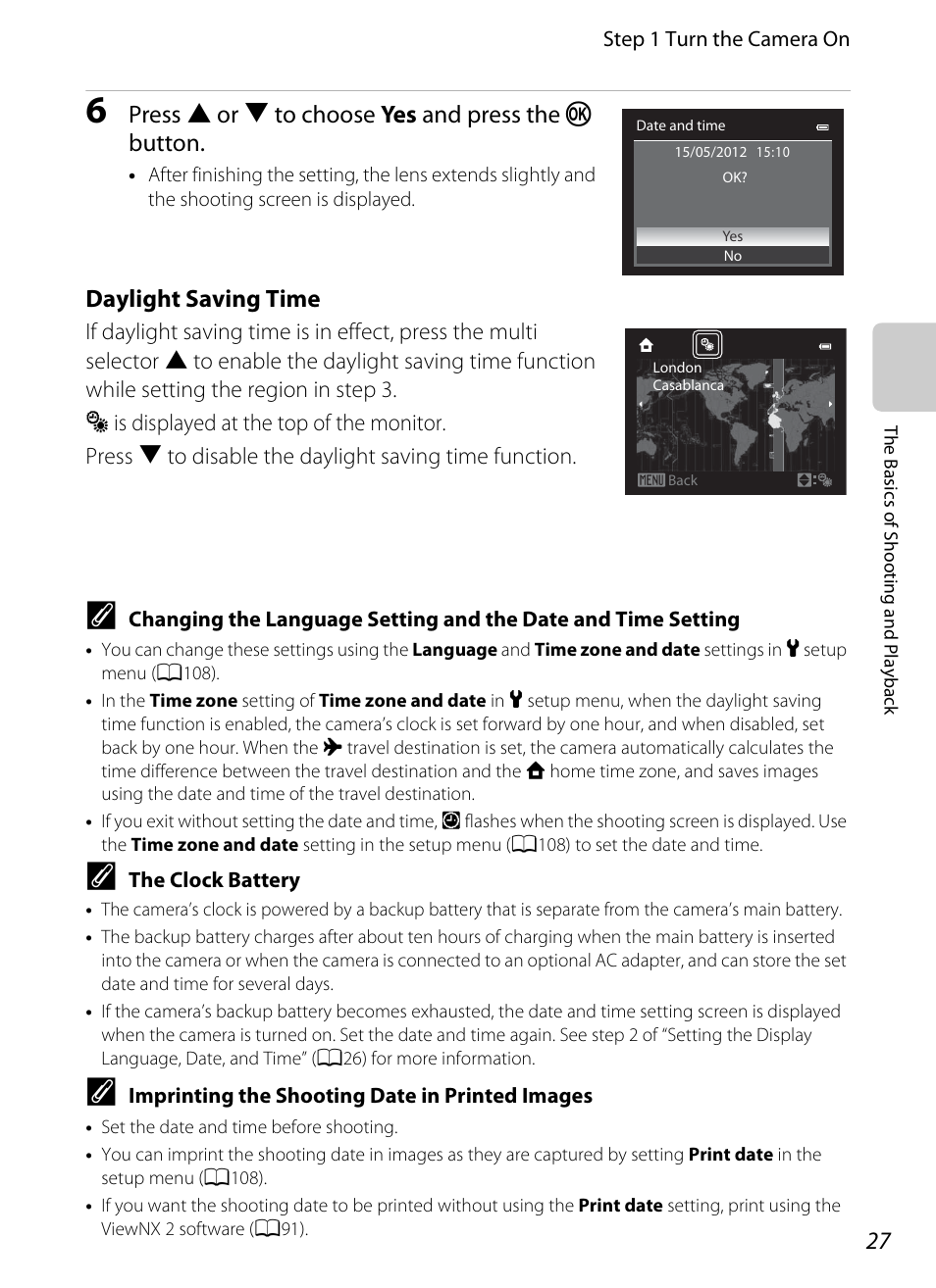 Press h or i to choose yes and press the k button, Daylight saving time | Nikon P510 User Manual | Page 45 / 260
