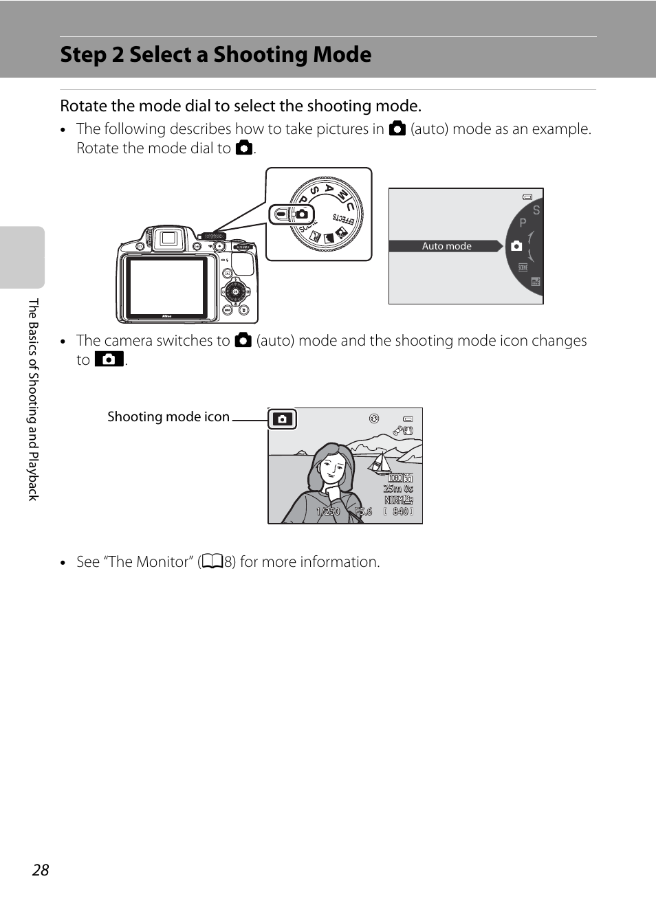 Step 2 select a shooting mode, A 28, Rotate the mode dial to select the shooting mode | Nikon P510 User Manual | Page 46 / 260