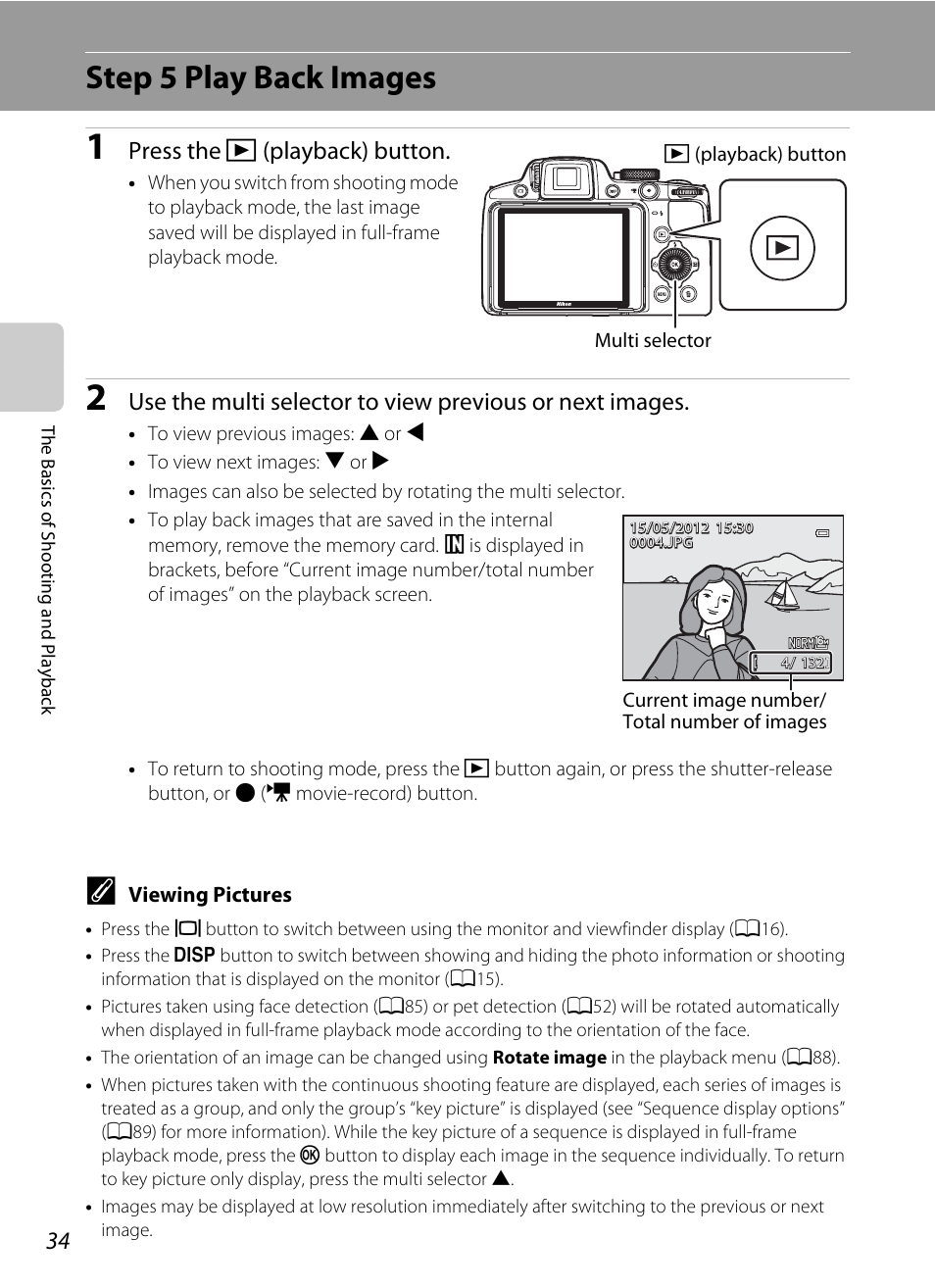 Step 5 play back images, Press the c (playback) button | Nikon P510 User Manual | Page 52 / 260