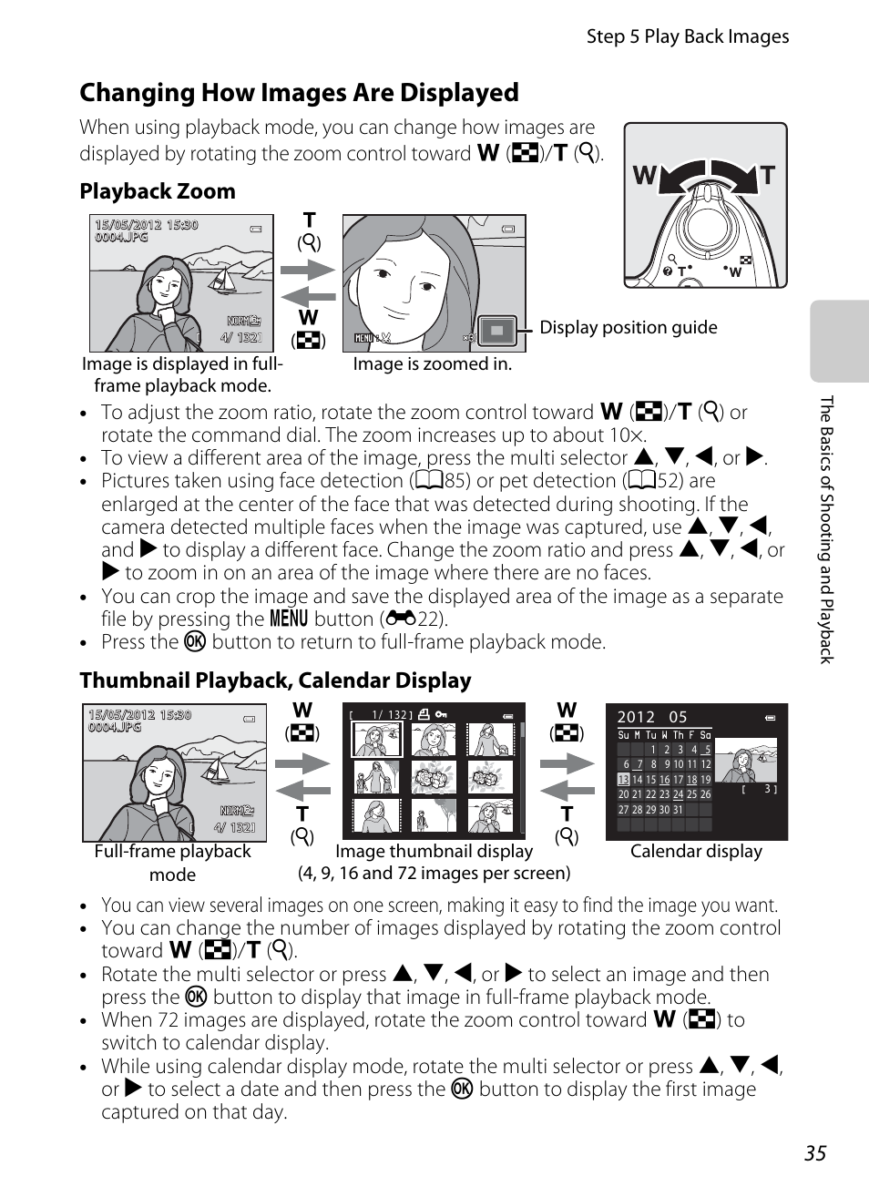 Changing how images are displayed, A35), Fied | Playback zoom, Thumbnail playback, calendar display | Nikon P510 User Manual | Page 53 / 260