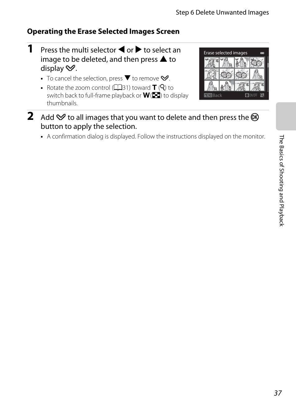 Operating the erase selected images screen, A37) for | Nikon P510 User Manual | Page 55 / 260