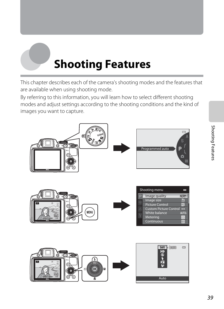 Shooting features, Shooting, Features | A39), Sh ooting feat ures | Nikon P510 User Manual | Page 57 / 260
