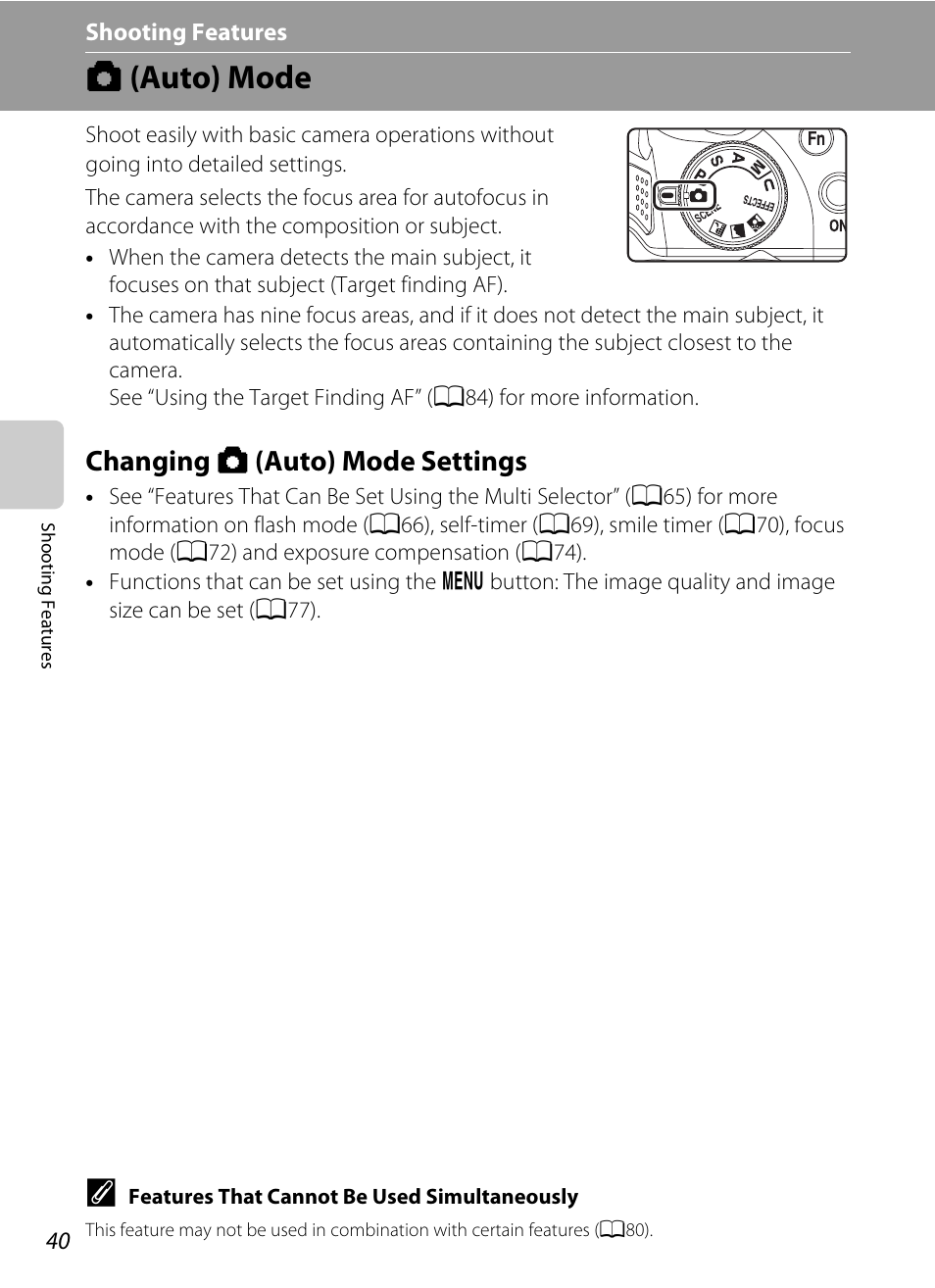 Auto mode, Changing auto mode settings, A (auto) mode | Changing a (auto) mode settings, A40) | Nikon P510 User Manual | Page 58 / 260