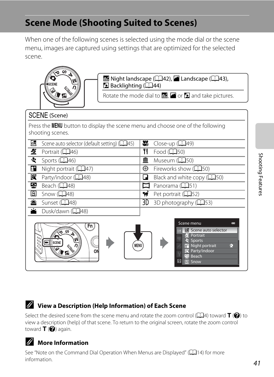 Scene mode (shooting suited to scenes), A41) | Nikon P510 User Manual | Page 59 / 260