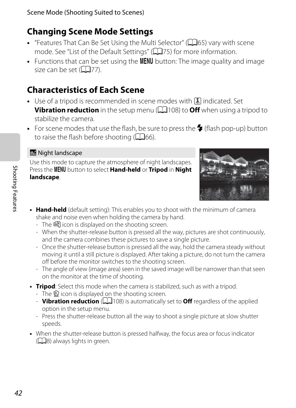 Changing scene mode settings, Characteristics of each scene, A42) | Nikon P510 User Manual | Page 60 / 260