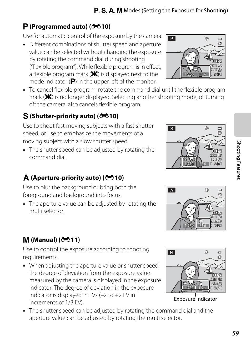 A59). items, A59), J (programmed auto) ( e 10) | K (shutter-priority auto) ( e 10), L (aperture-priority auto) ( e 10 ), M (man ual) ( e 11), Exposure indicator | Nikon P510 User Manual | Page 77 / 260