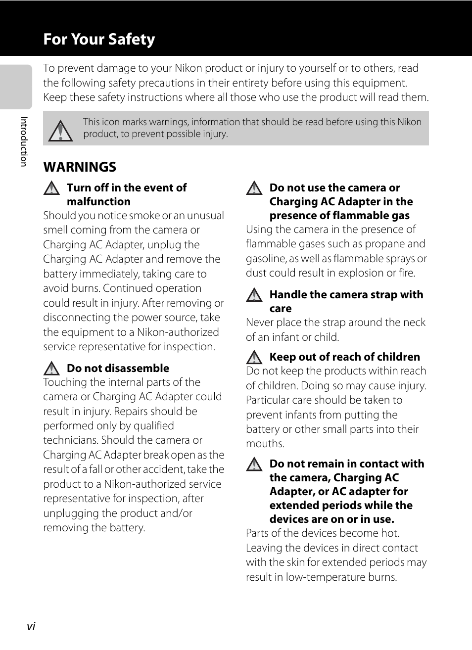 For your safety, Warnings | Nikon P510 User Manual | Page 8 / 260