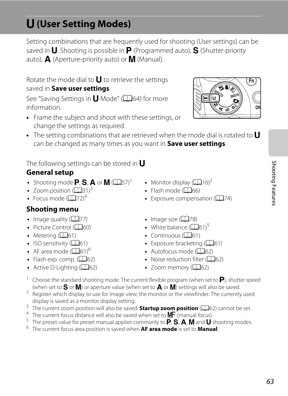 U (user setting modes), M (user setting modes), A63) | General setup shooting menu | Nikon P510 User Manual | Page 81 / 260