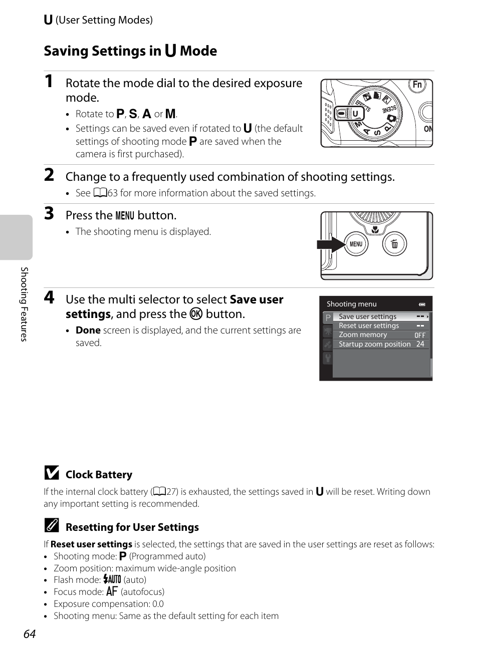 Saving settings in u mode, Saving settings in, M mode | M mode” (a64), Saving settings in m mode | Nikon P510 User Manual | Page 82 / 260