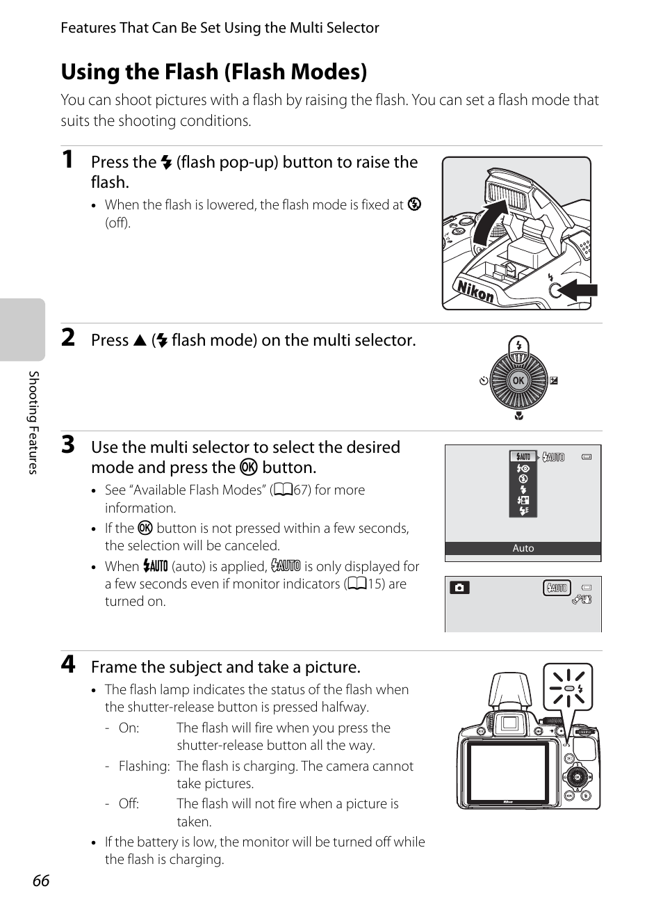 Using the flash (flash modes), A66) se, A66), s | A66), Information on flash mode | Nikon P510 User Manual | Page 84 / 260