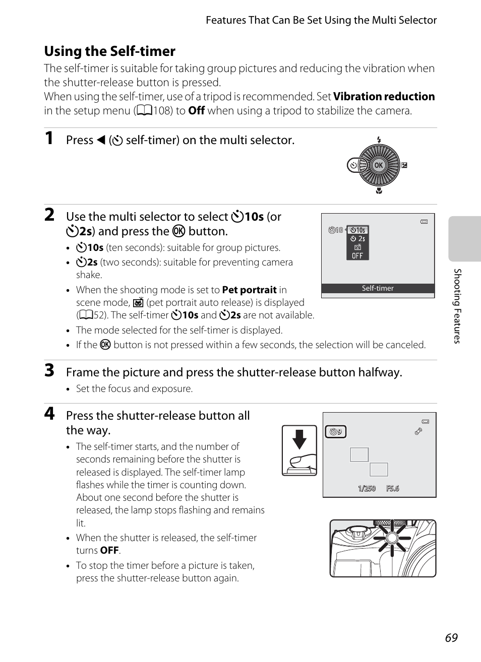 Using the self-timer, A69), A69)/s | Imer, Imer (a69) | Nikon P510 User Manual | Page 87 / 260