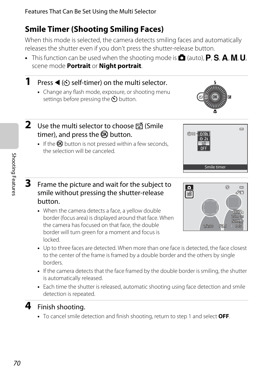 Smile timer (shooting smiling faces), A70), foc, A70) | Nikon P510 User Manual | Page 88 / 260