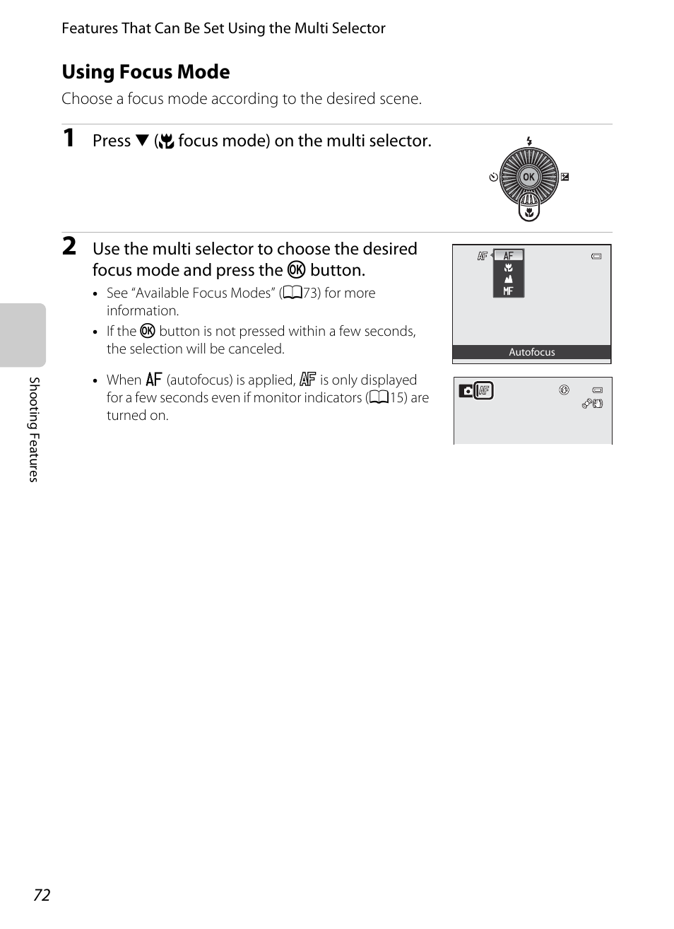 Using focus mode, A72) | Nikon P510 User Manual | Page 90 / 260