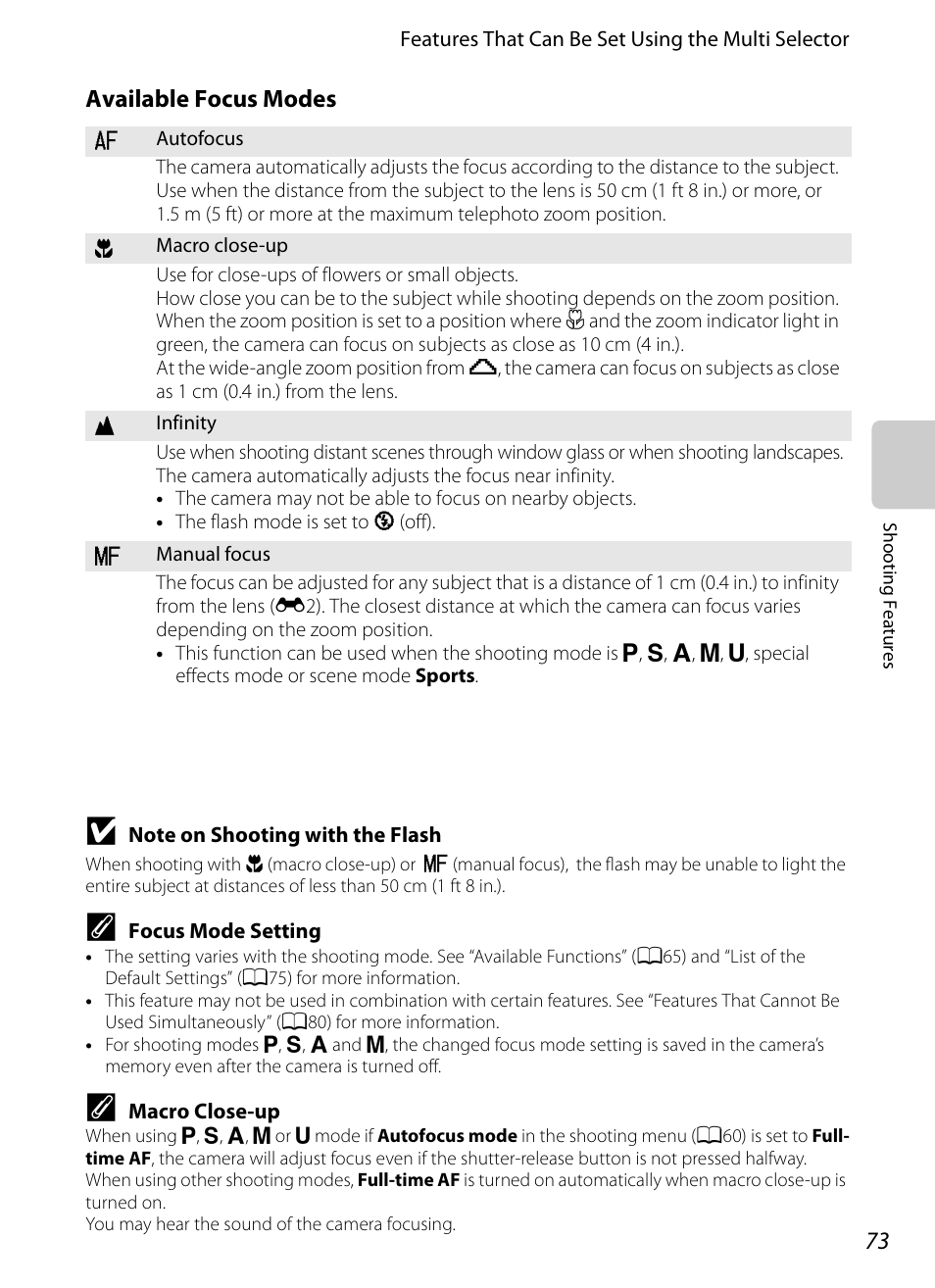 A73) in, Available focus modes, A73) for | Nikon P510 User Manual | Page 91 / 260