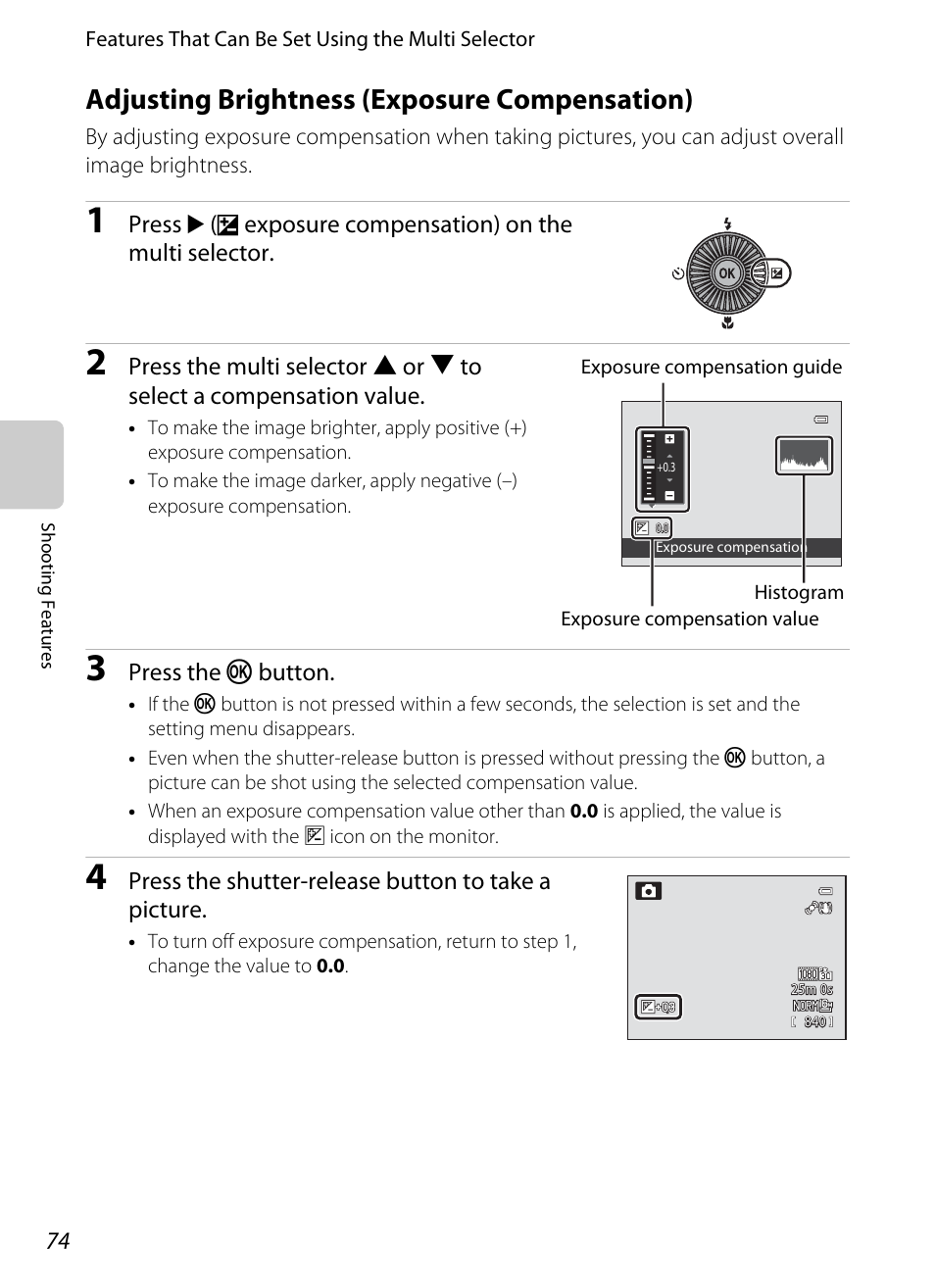 Adjusting brightness (exposure compensation), A74) | Nikon P510 User Manual | Page 92 / 260
