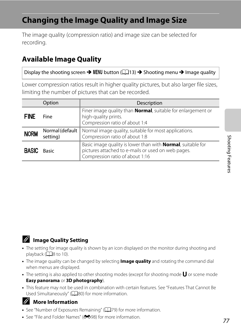 Changing the image quality and image size, Available image quality, A77) | Nikon P510 User Manual | Page 95 / 260