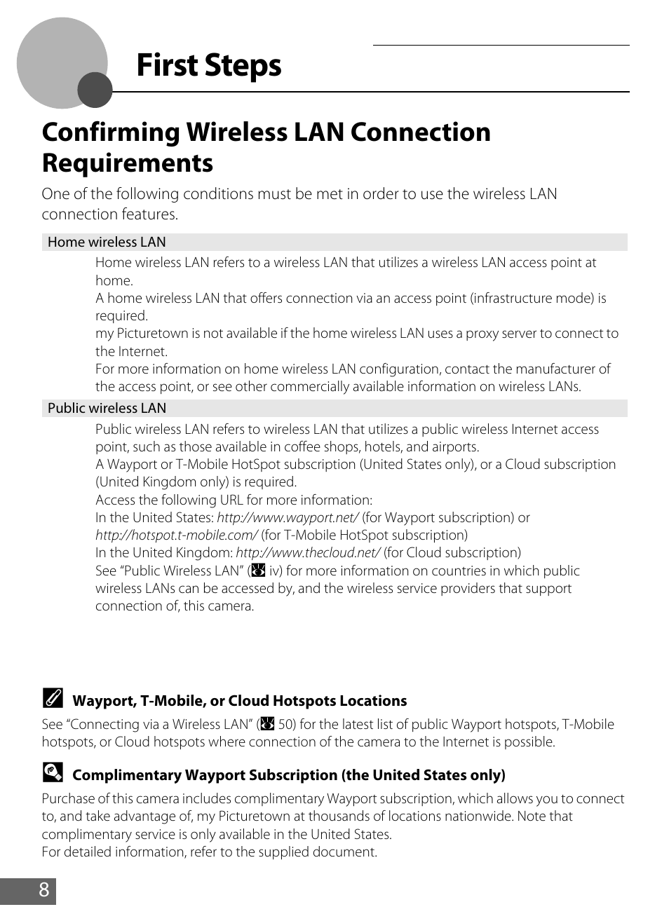 First steps, Confirming wireless lan connection requirements, A 8) | Nikon S610 - S610c User Manual | Page 14 / 63