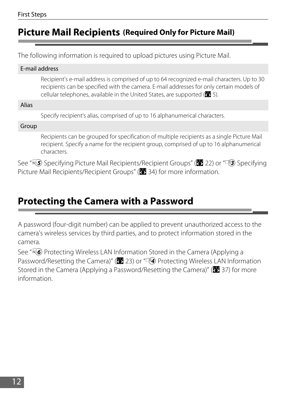 Picture mail recipients, Protecting the camera with a password | Nikon S610 - S610c User Manual | Page 18 / 63