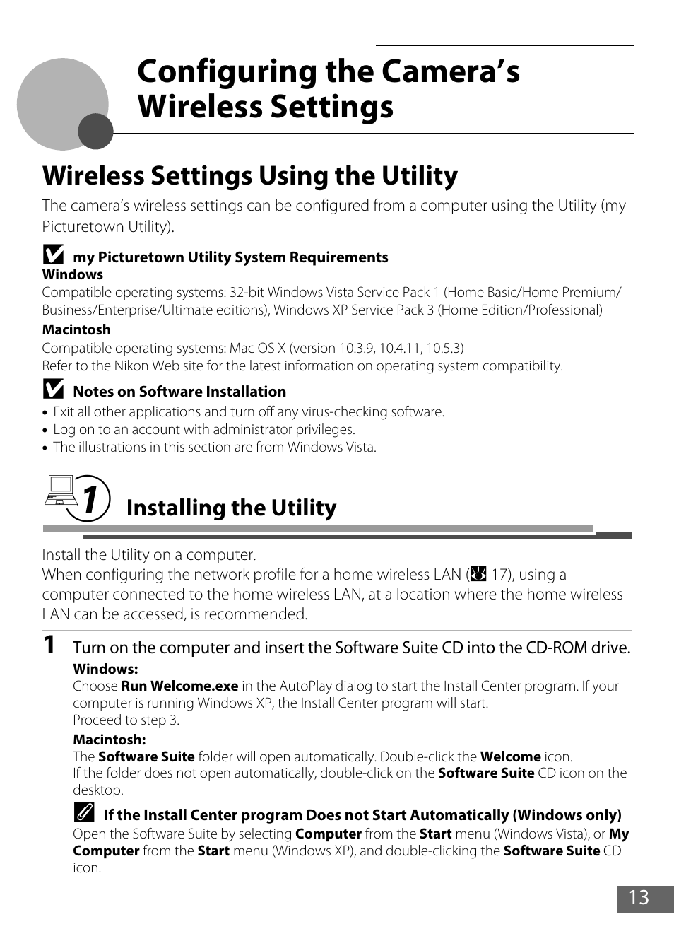 Configuring the camera’s wireless settings, Wireless settings using the utility, 1 installing the utility | Installing the utility | Nikon S610 - S610c User Manual | Page 19 / 63