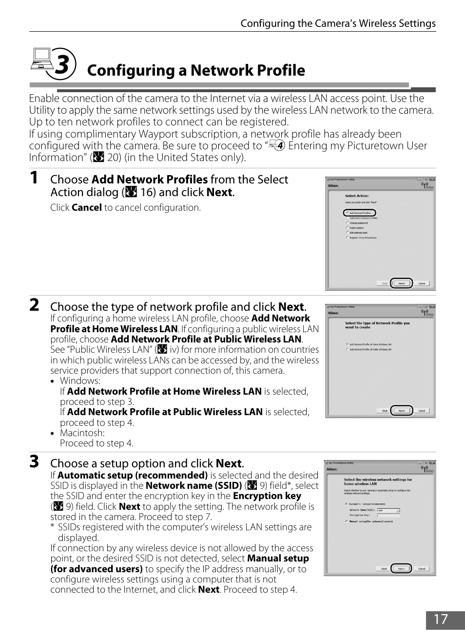 3 configuring a network profile, Configuring a network profile, A 17) | A 17, 28), A 17). specif, Ra (a 17) | Nikon S610 - S610c User Manual | Page 23 / 63