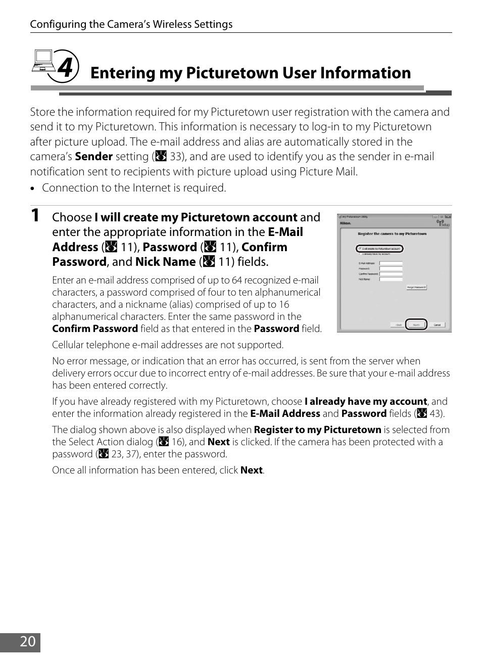 4 entering my picturetown user information, Entering my picturetown user information, A 20) | Camera, A 20, A 20). connection to, To “n entering my picturetown user information, D to “n entering my picturetown user information, A 20) (i, N entering my picturetown user information | Nikon S610 - S610c User Manual | Page 26 / 63