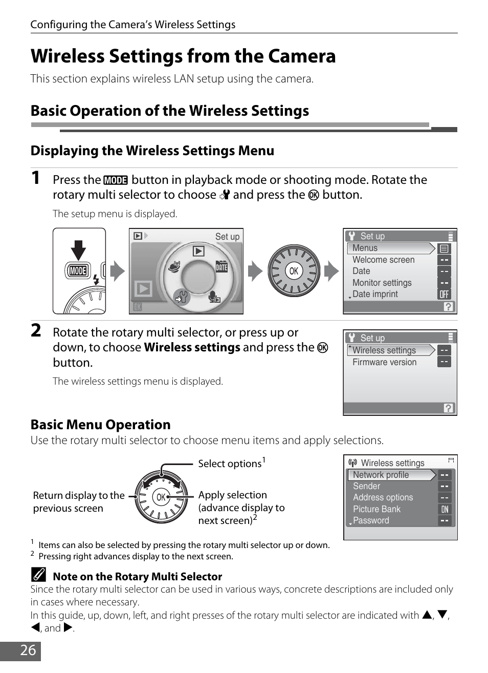 Wireless settings from the camera, Basic operation of the wireless settings, Displaying the wireless settings menu | Basic menu operation | Nikon S610 - S610c User Manual | Page 32 / 63