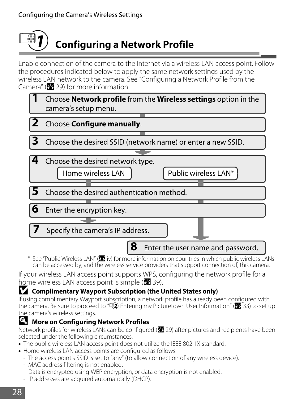 1 configuring a network profile, Configuring a network profile, A 28 | A 28) | Nikon S610 - S610c User Manual | Page 34 / 63