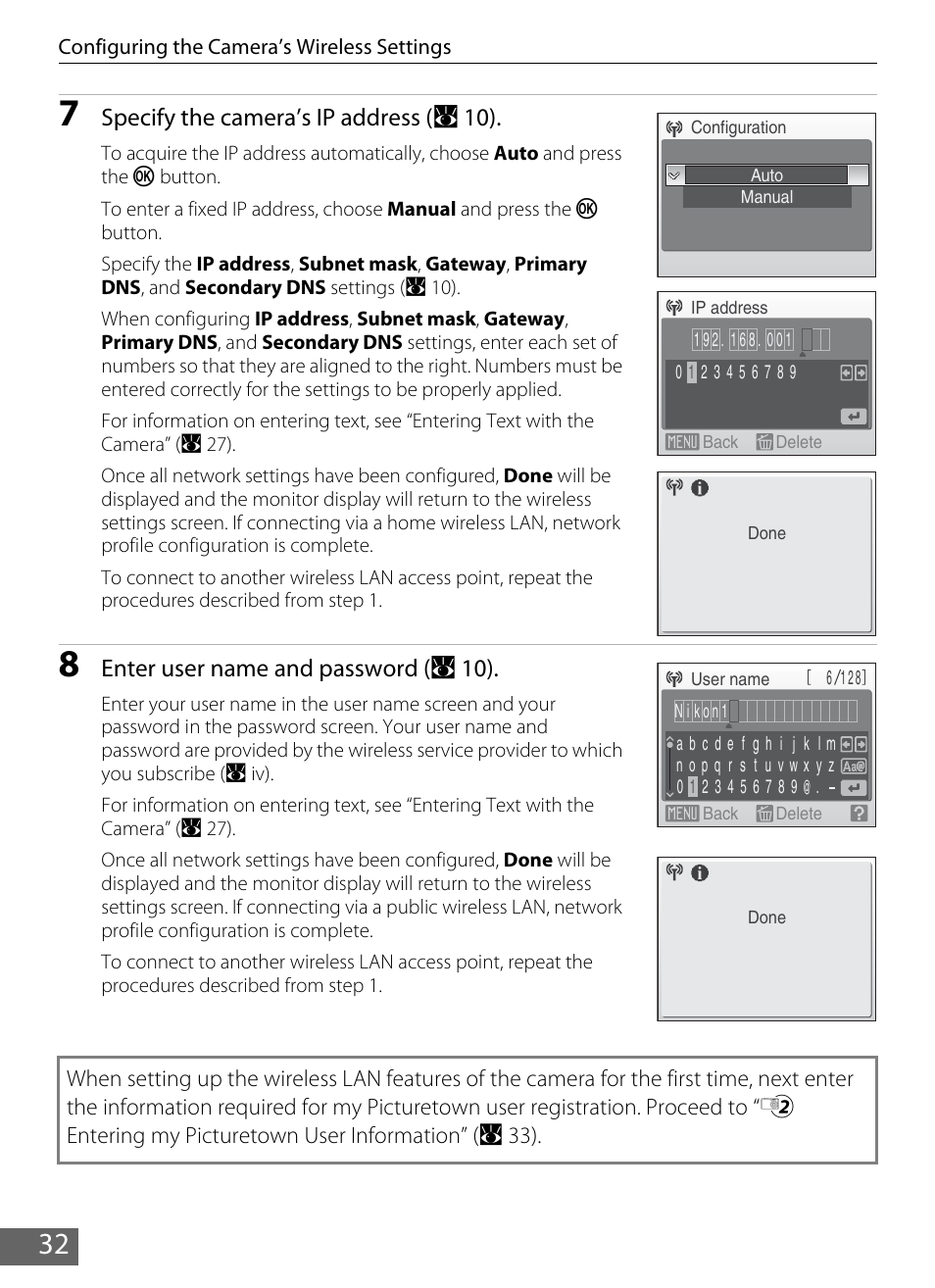 Specify the camera’s ip address ( a 10), Enter user name and password ( a 10) | Nikon S610 - S610c User Manual | Page 38 / 63