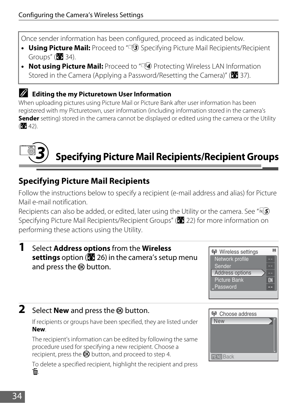 Oups, A 34), C specifying | Picture mail recipients/recipient groups, A 34) for more i, 34 c | Nikon S610 - S610c User Manual | Page 40 / 63