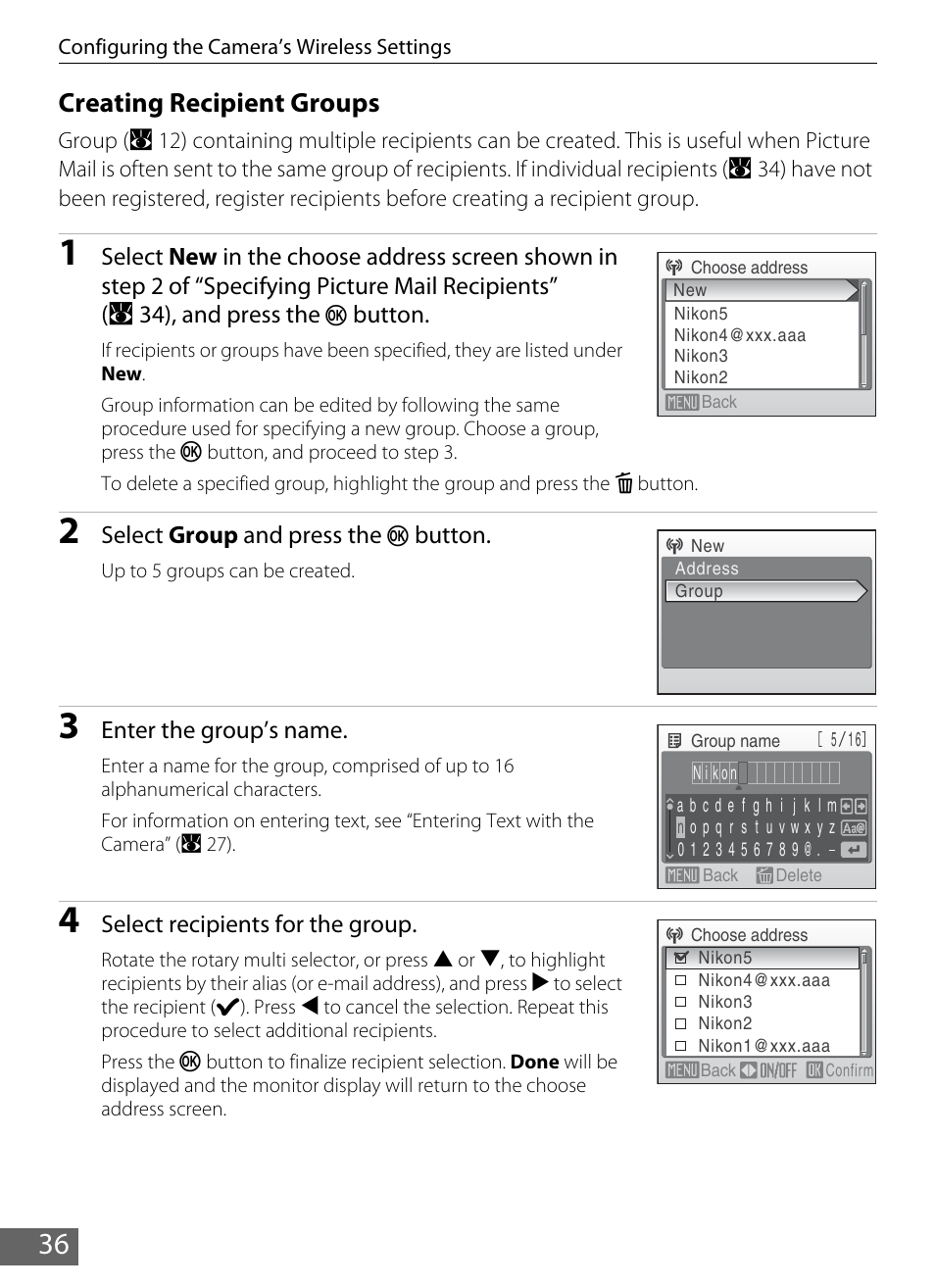 E “creating recipient groups, A 36), Creating recipient groups | Nikon S610 - S610c User Manual | Page 42 / 63