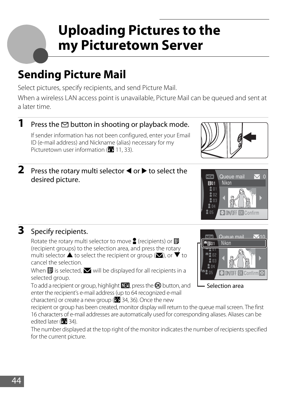 Uploading pictures to the my picturetown server, Sending picture mail, A 44) | A 44) or p | Nikon S610 - S610c User Manual | Page 50 / 63