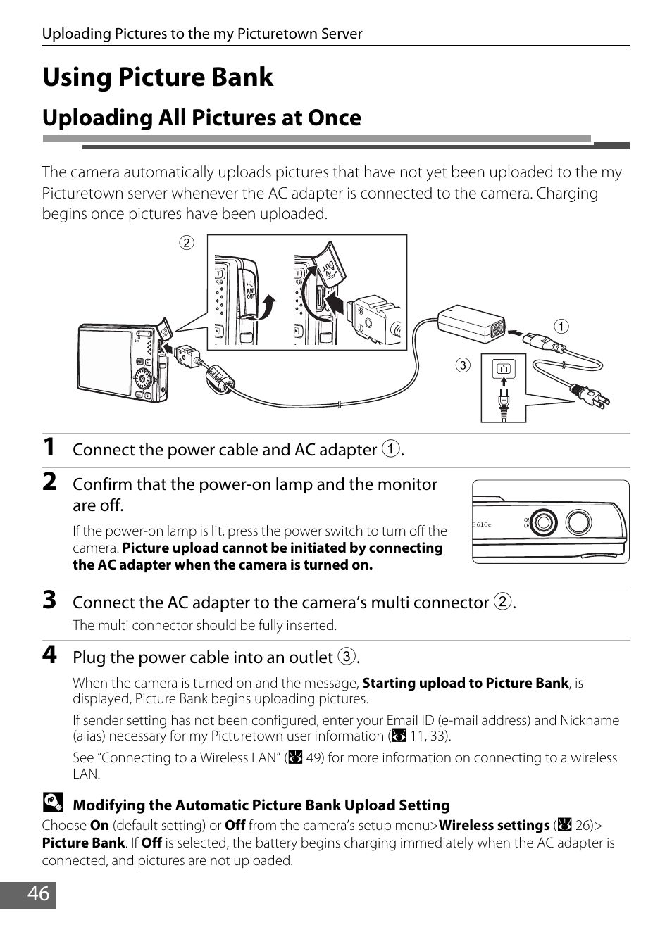 Using picture bank, Uploading all pictures at once, Bank (a 46, 47) to | A 46, A 46, 47), press | Nikon S610 - S610c User Manual | Page 52 / 63