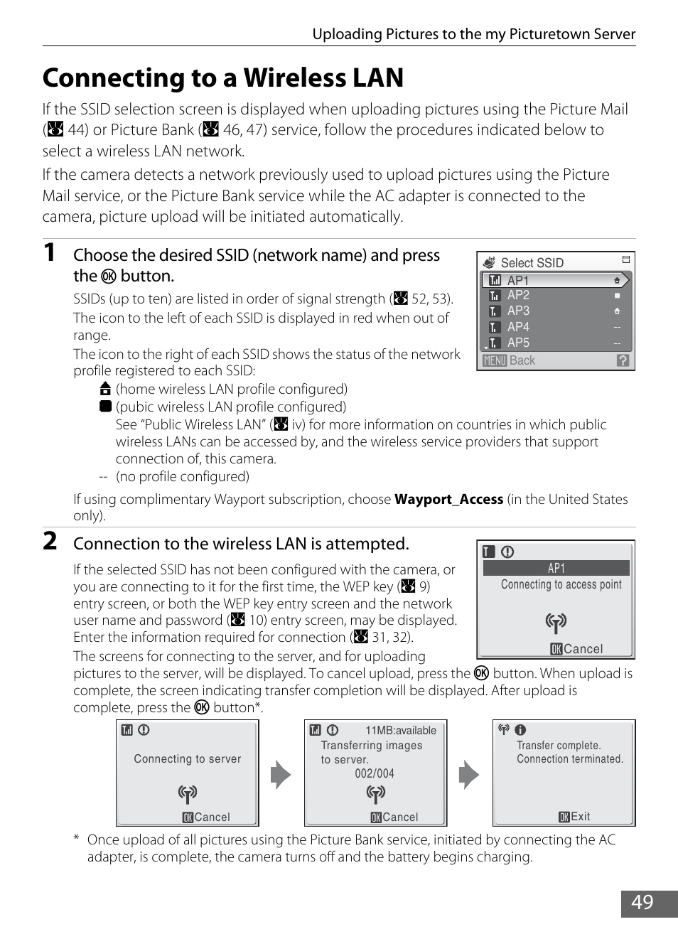 Connecting to a wireless lan, See “connecting to a wireless lan, A 49) for | Button, Connection to the wireless lan is attempted | Nikon S610 - S610c User Manual | Page 55 / 63