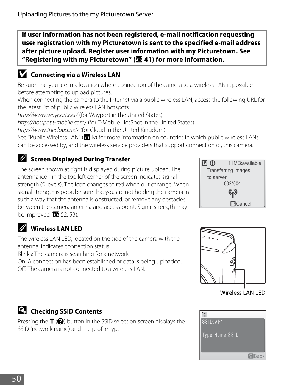 See “connecting via a wireless lan, A 50), 50 b | Nikon S610 - S610c User Manual | Page 56 / 63