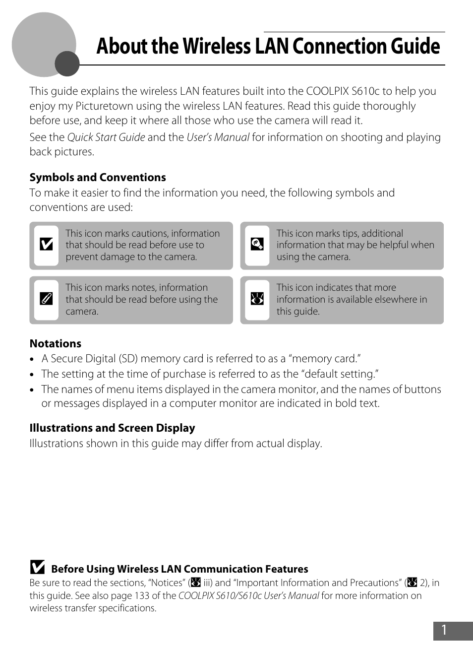 About the wireless lan connection guide | Nikon S610 - S610c User Manual | Page 7 / 63