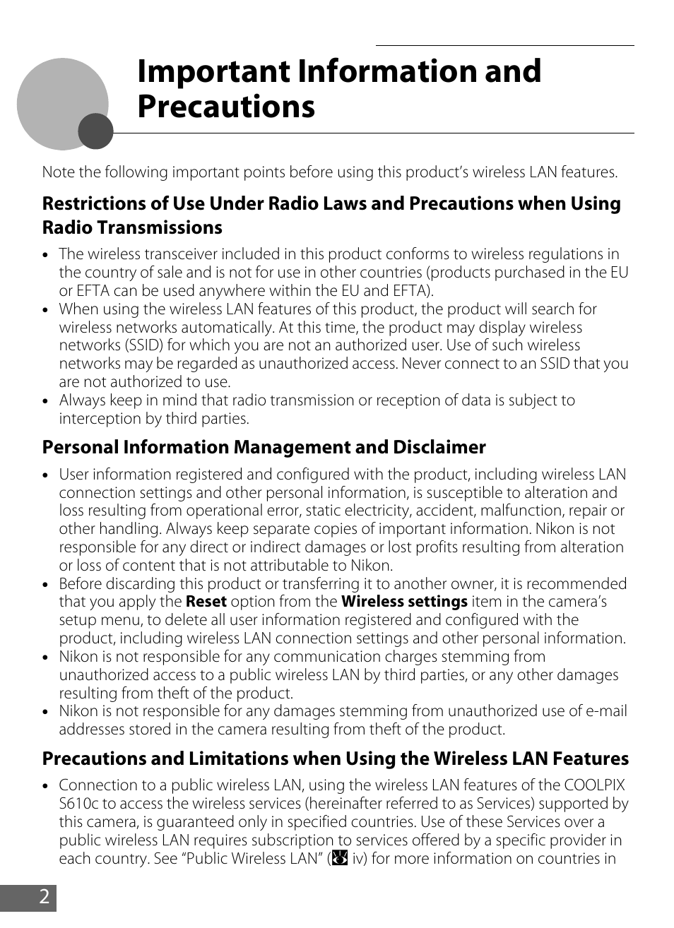 Important information and precautions | Nikon S610 - S610c User Manual | Page 8 / 63