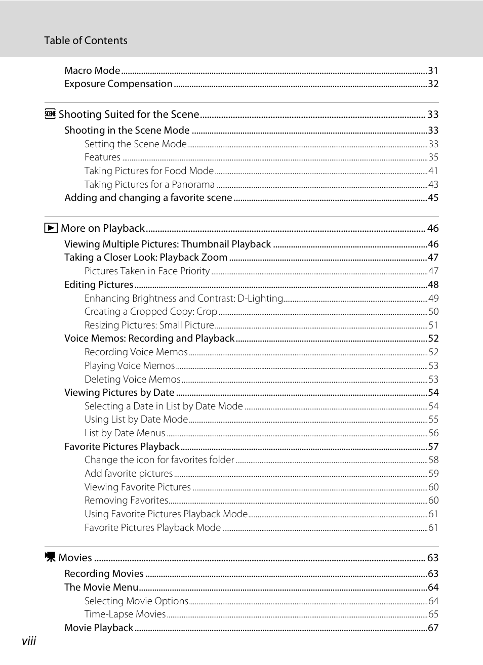 Viii | Nikon S520 User Manual | Page 10 / 154