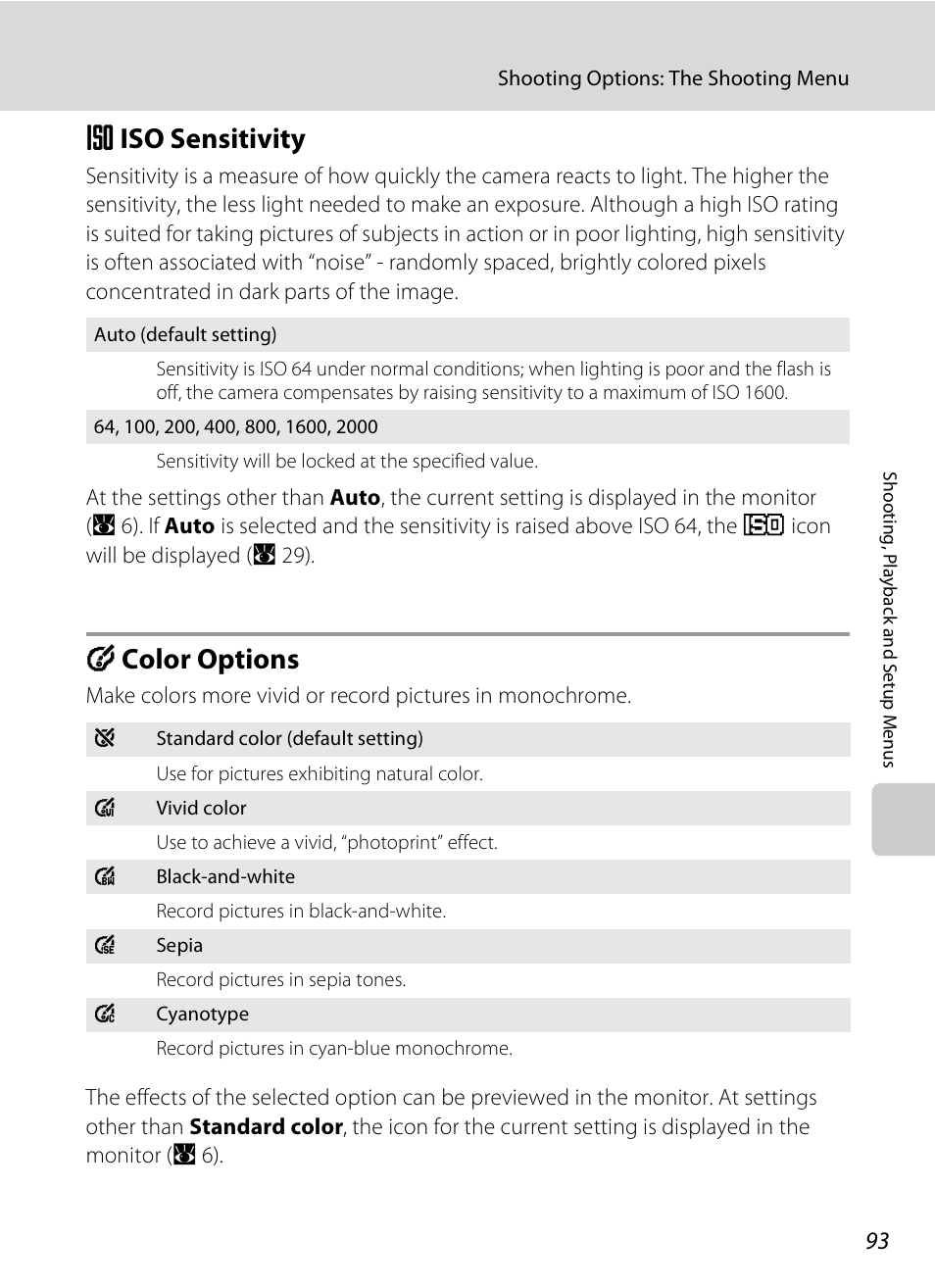 Iso sensitivity, Color options, E iso sensitivity f color options | A 93), A 93, E iso sensitivity, F color options | Nikon S520 User Manual | Page 105 / 154