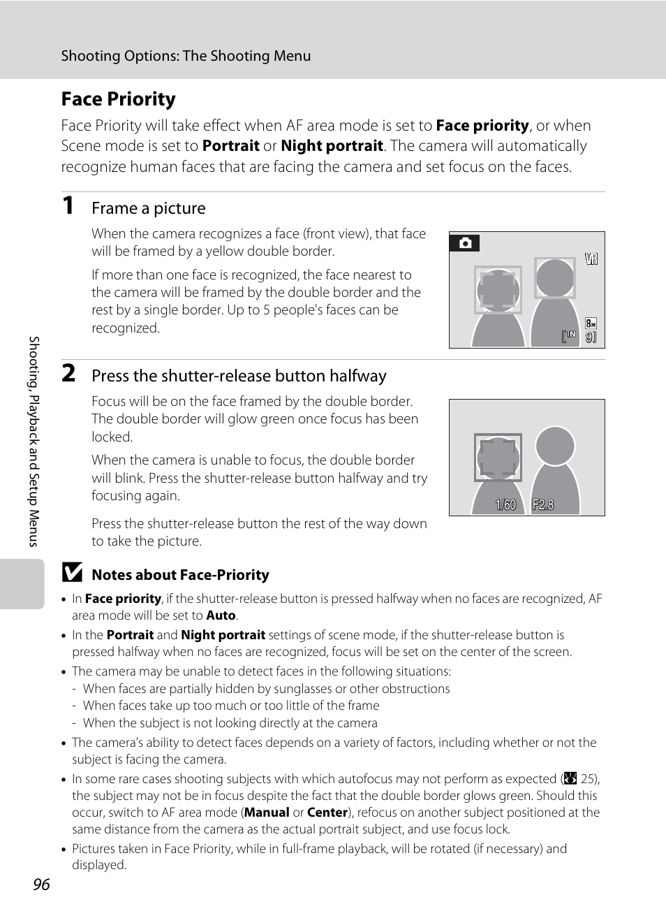 Face priority, A 96, A 96) fo | A 96), Frame a picture, Press the shutter-release button halfway | Nikon S520 User Manual | Page 108 / 154