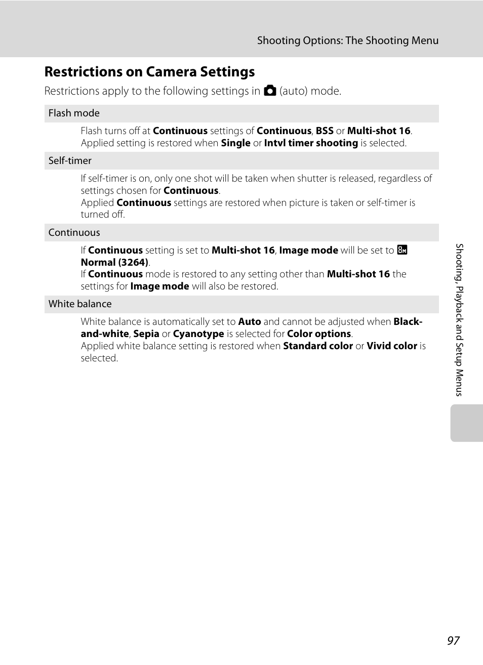 Restrictions on camera settings, A 97) | Nikon S520 User Manual | Page 109 / 154