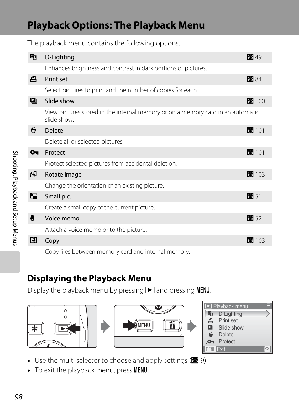 Playback options: the playback menu, Displaying the playback menu | Nikon S520 User Manual | Page 110 / 154