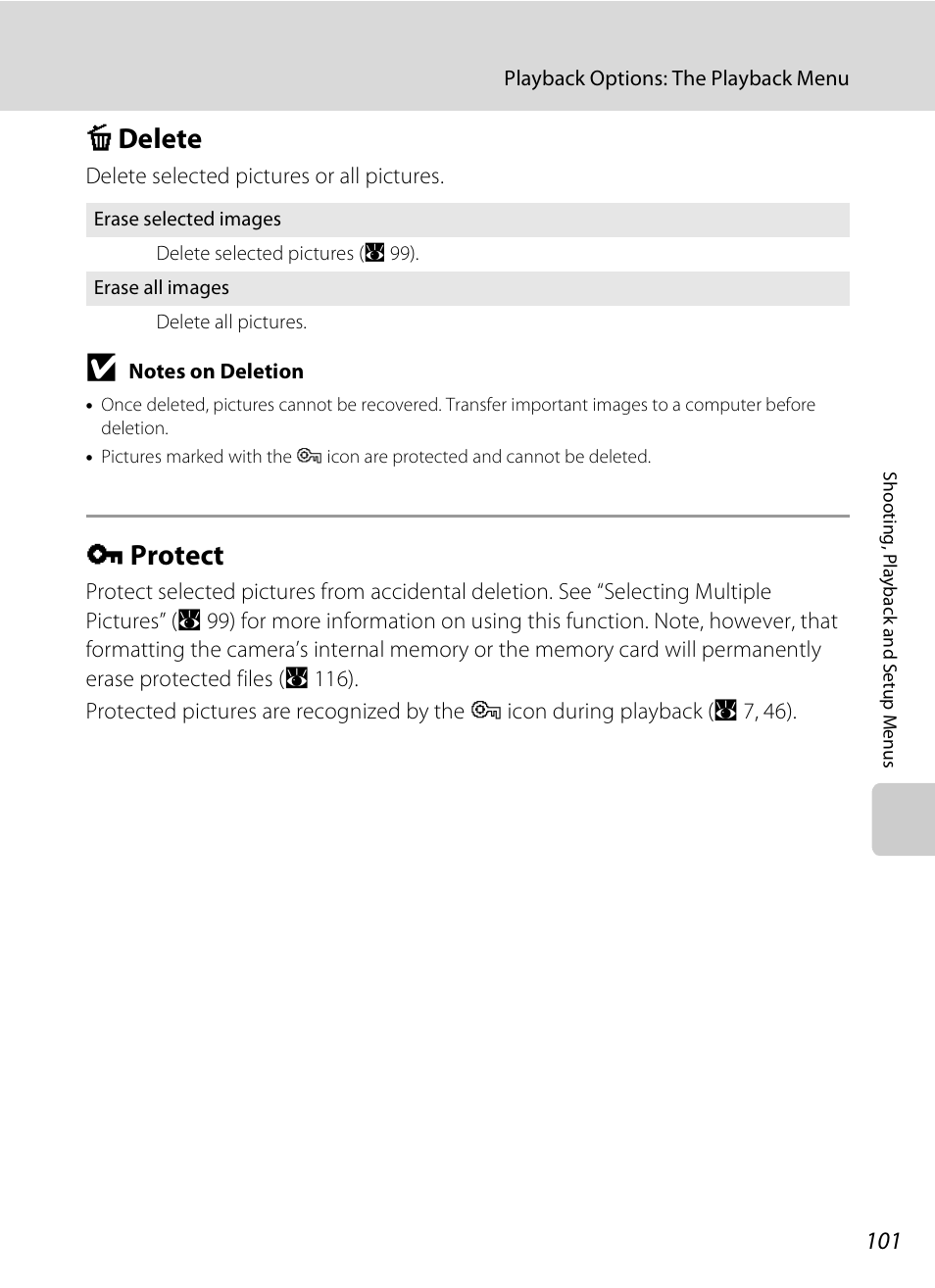 Delete, Protect, C delete d protect | A 101), A 101, C delete, D protect | Nikon S520 User Manual | Page 113 / 154