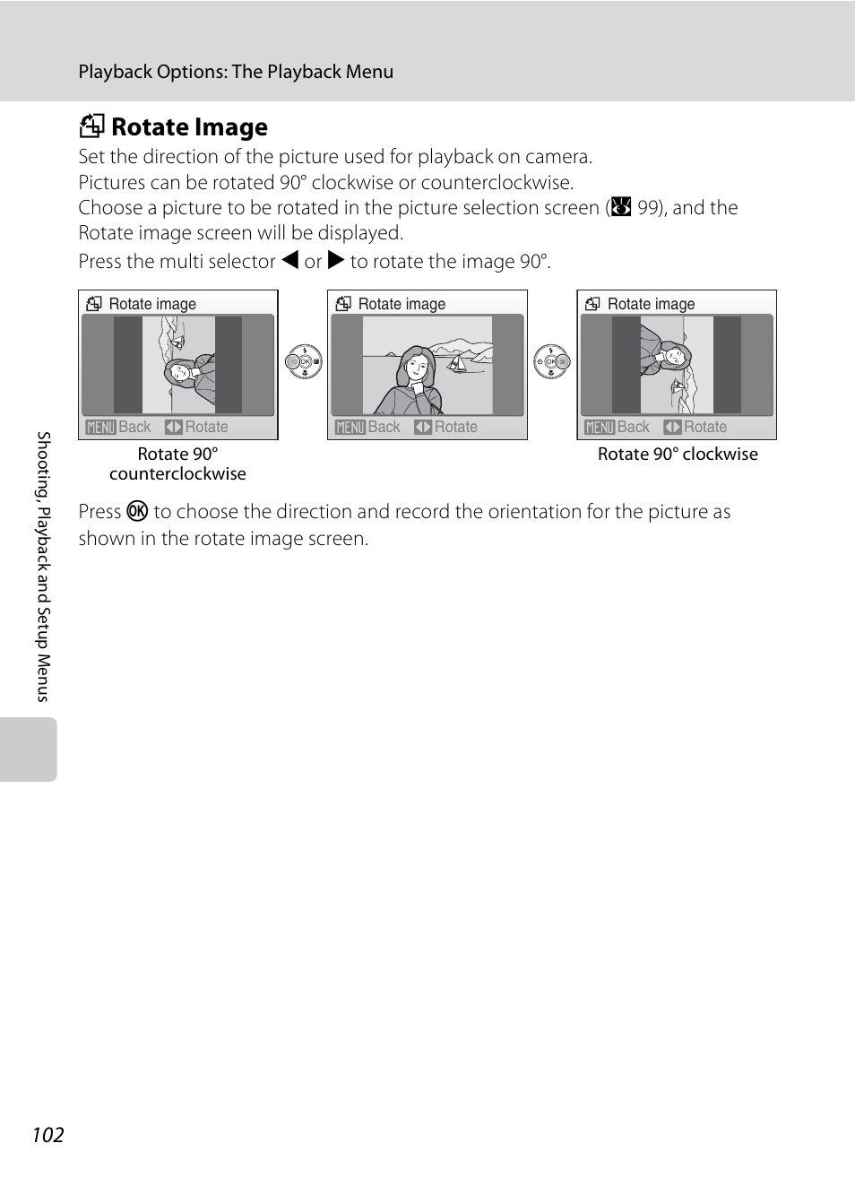 Rotate image, F rotate image, A 102) t | A 102) | Nikon S520 User Manual | Page 114 / 154