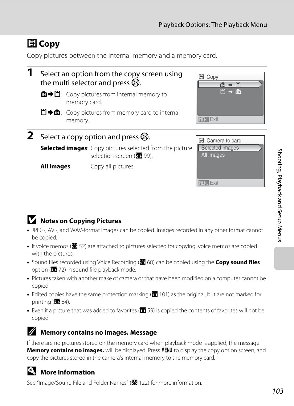 Copy, H copy, A 103 | A 103), Select a copy option and press k | Nikon S520 User Manual | Page 115 / 154