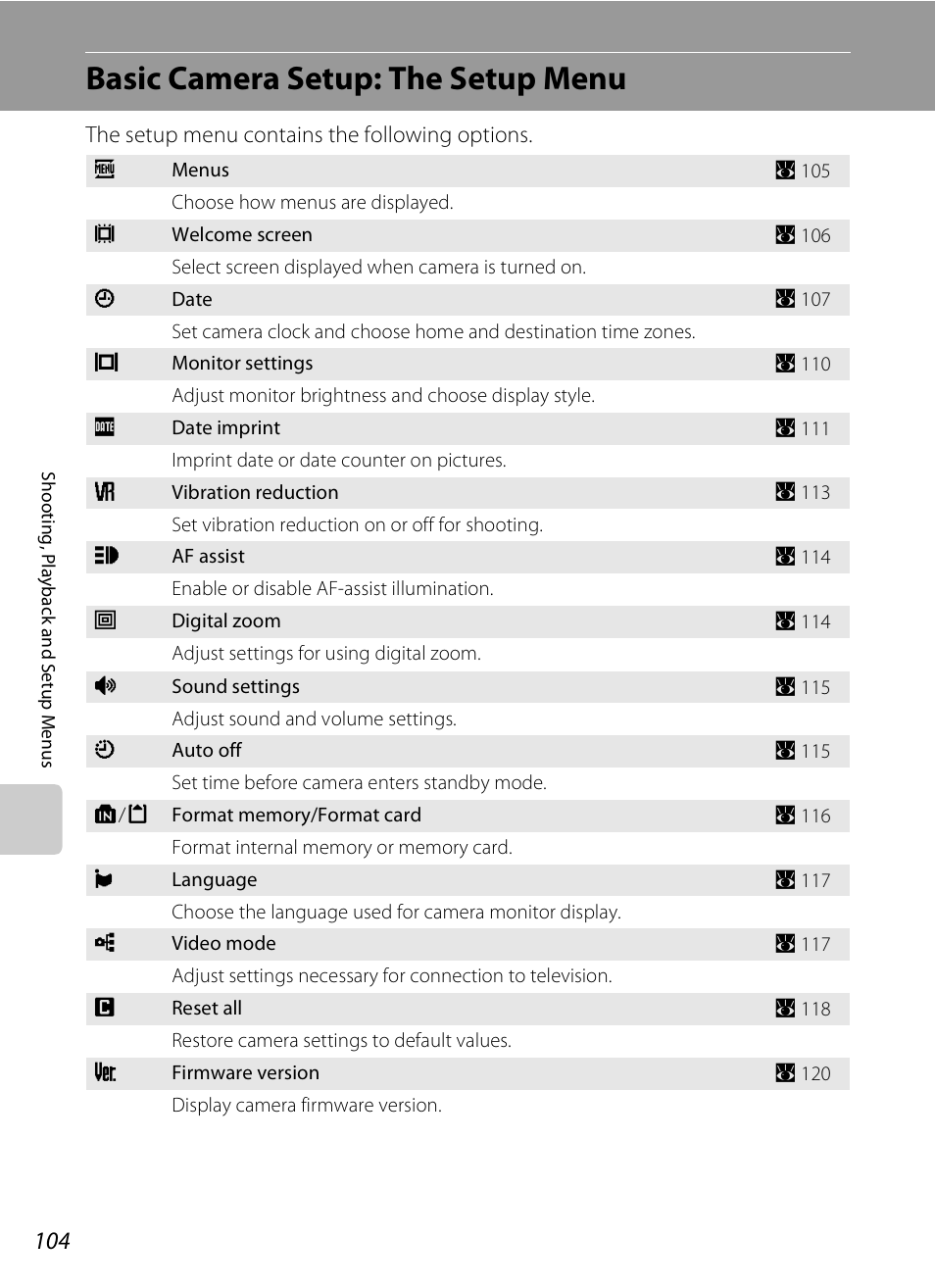 Basic camera setup: the setup menu, A 104), Tup menu (a 104 | Nikon S520 User Manual | Page 116 / 154