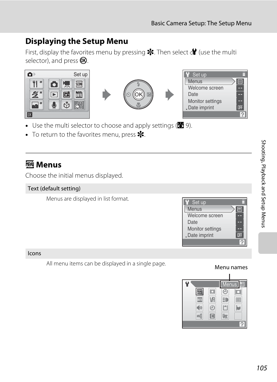 Displaying the setup menu, Menus, Displaying the setup menu a menus | A 105, A menus | Nikon S520 User Manual | Page 117 / 154