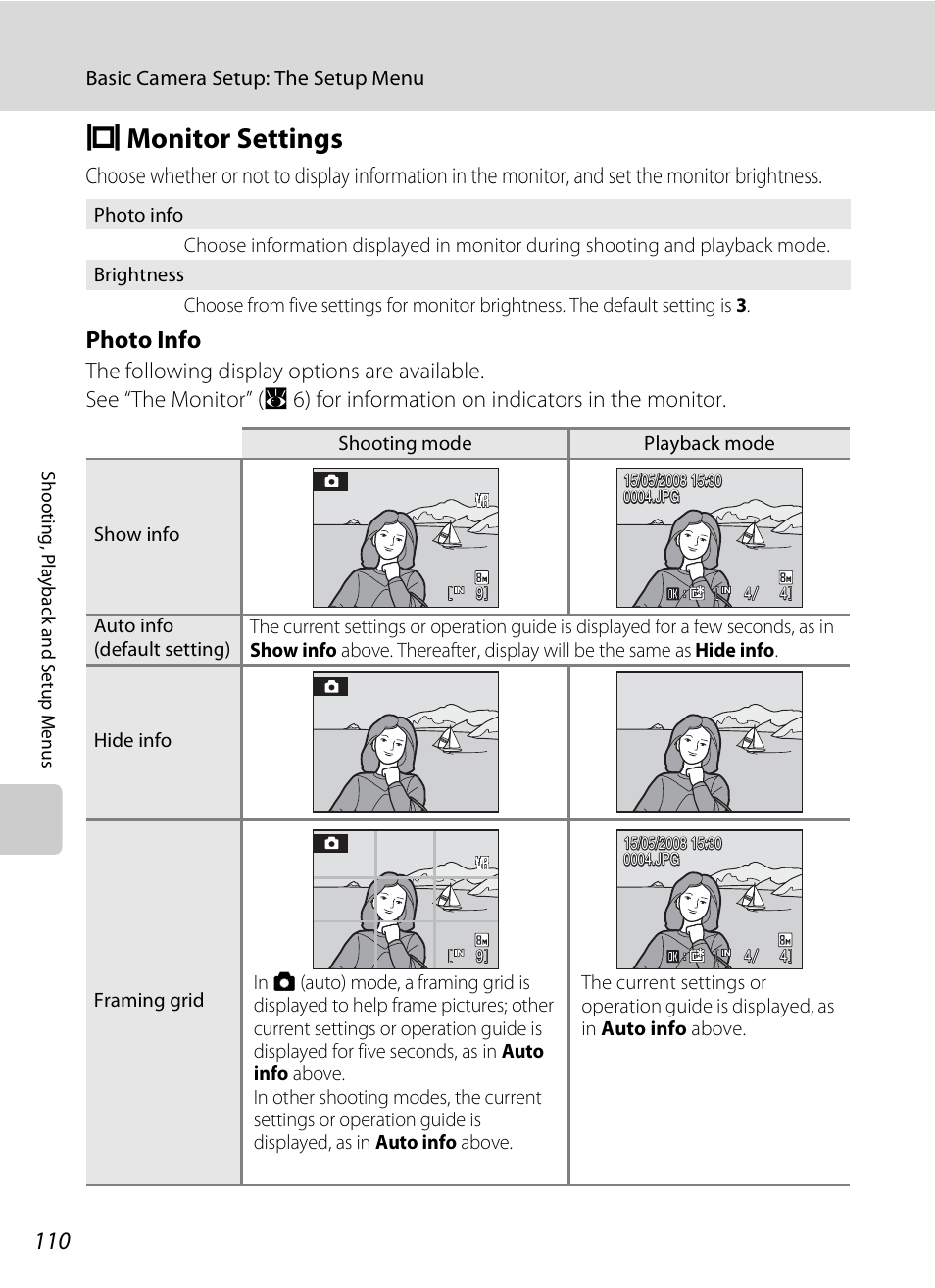 Monitor settings, E monitor settings, A 110) | A 110, Photo info | Nikon S520 User Manual | Page 122 / 154