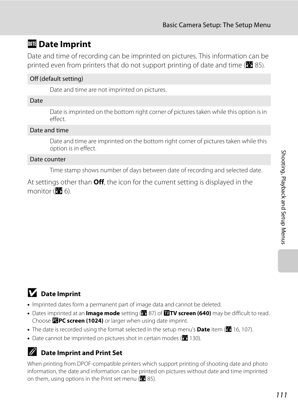 Date imprint, F date imprint, A 111 | Nikon S520 User Manual | Page 123 / 154