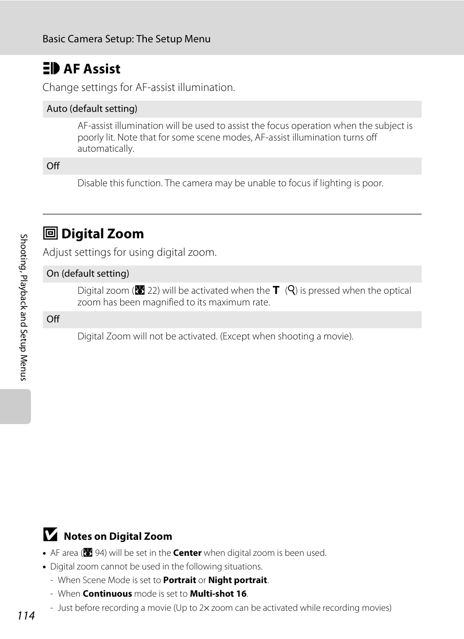 Af assist, Digital zoom, H af assist u digital zoom | A 114), A 114, H af assist, U digital zoom | Nikon S520 User Manual | Page 126 / 154