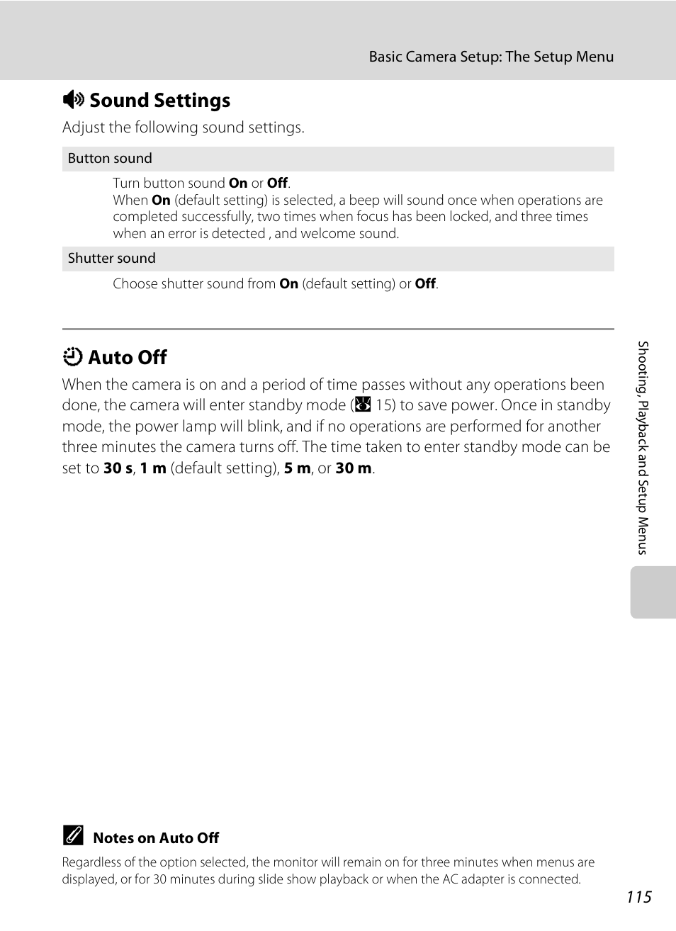 Sound settings, Auto off, I sound settings k auto off | A 115, I sound settings, K auto off | Nikon S520 User Manual | Page 127 / 154